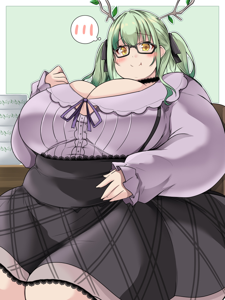 1girls alternate_costume blush blush_lines ceres_fauna ceres_fauna_(3rd_costume) chubby chubby_female color fat glasses green_hair hololive hololive_english hololive_english_-council- hololive_english_-promise- huge_breasts kurocaze obese skirt tagme twintails virtual_youtuber yellow_eyes