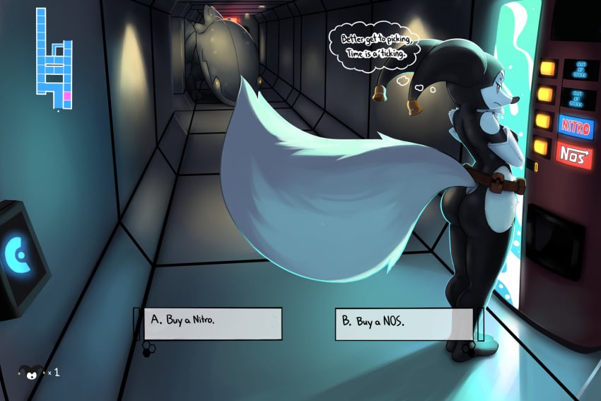 anthro ass bell belt big_breasts black_eyes breasts canid canine decision dialogue drone elbow_gloves female fox furry jingle_(ozoneserpent) life_(gaming) mammal map original original_character ozoneserpent tail text vending_machine