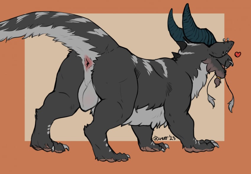 anus balls black_body black_fur blue_horn brown_pawpads claws danero danero_(character) dragon ear_piercing feral fur fur_markings furred_dragon genitals grey_body grey_fur heart hi_res horn male markings pawpads piercing signature simple_background solo white_claws