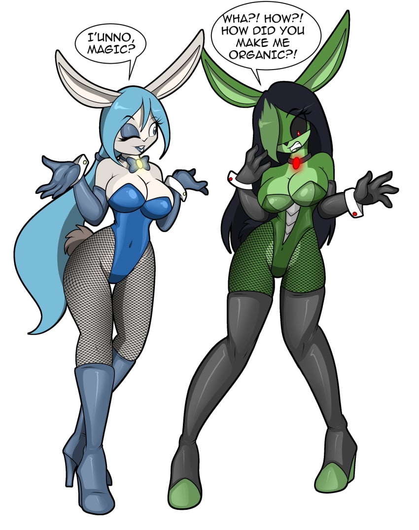 2girls bunny_ears bunny_girl bunnysuit chaos_croc chaoscroc english_text female high_heel_boots high_heels huge_ass huge_breasts implied_transformation leotard lips multiple_girls smile text thick_thighs transformation wide_hips