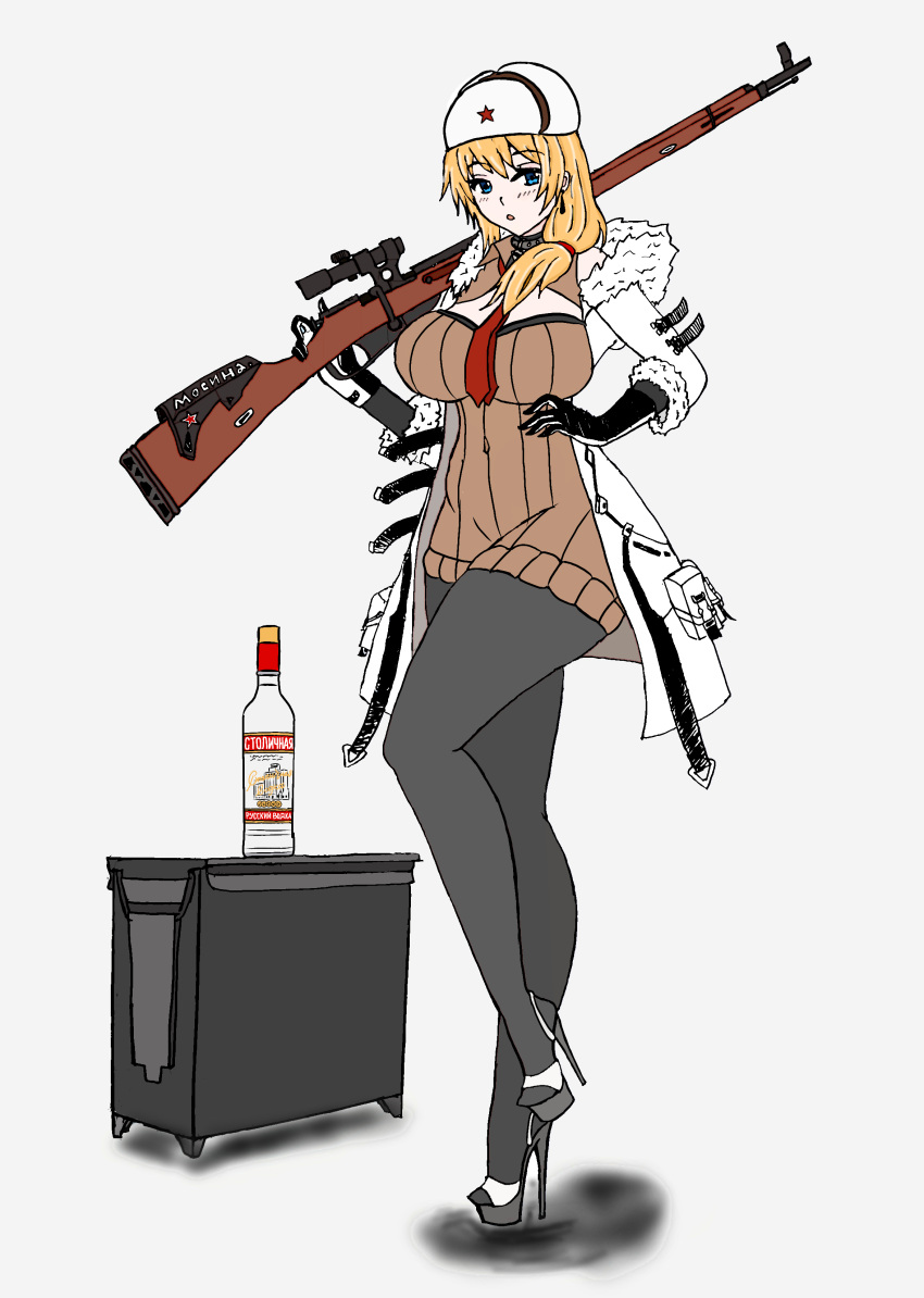 ammo_box black_stockings blonde_hair blue_eyes collar girls'_frontline high_heel_sandals high_heels holding_gun hooded_jacket large_breasts liquor_bottle mosin-nagant_(girls'_frontline) national_personification navel pantyhose platform_heels red_scarf red_star side_ponytail sweater_dress ushanka vodka wide_hips