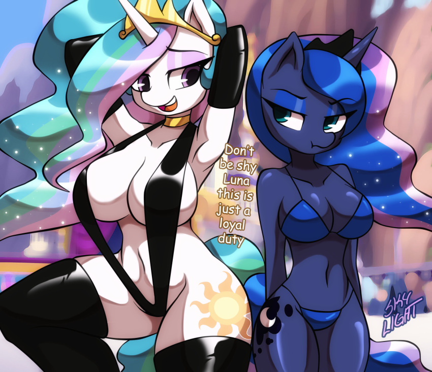 2girls anthro big_breasts bikini black_clothing blue_body blue_clothing blue_eyes english_text equine female female_only furry huge_breasts long_hair multiple_girls my_little_pony princess_celestia_(mlp) princess_luna_(mlp) purple_eyes signature skin_tight skylight_(artist) small_breasts text thick_thighs voluptuous white_body