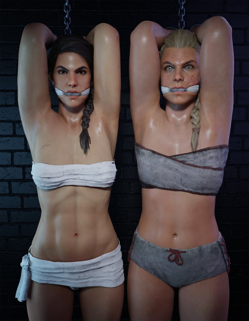 2girls 3d armpits assassin's_creed_(series) assassin's_creed_odyssey assassin's_creed_valhalla blender blender_taper blonde_hair blue_eyes bondage brown_eyes brown_hair chained_up chains cleave_gag eivor_varinsdottir female female_only gag gagged greek_mythology hands_behind_head kassandra kassandra_(assassin's_creed) muscular_female navel panties sweaty theblendertaper underwear viking vikings