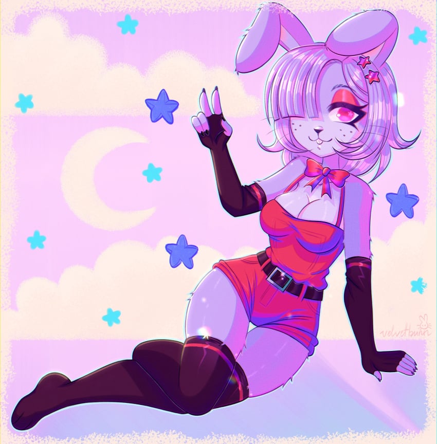 1girls 2022 2d anthro belt belt_buckle big_breasts bonfie bonfie_(cryptia) bonnie_(cally3d) bonnie_(fnaf) bowtie bunny_ears bunny_girl cally3d clazzey clothed_female clothing color colored cryptiacurves fazclaire's_nightclub female female_focus female_only five_nights_at_freddy's fnaf freckles freckles_on_face fredina's_nightclub furry furry_female furry_only genderswap_(mtf) hi_res one_arm_up one_eye_covered one_eye_obstructed only_female peace_sign purple_eyes purple_fur rabbit rabbit_ears rabbit_girl red_bowtie red_eyes red_outfit ribbon rule_63 scottgames simple_background sitting sitting_on_floor solo star stars tagme v-sign velvetbunn