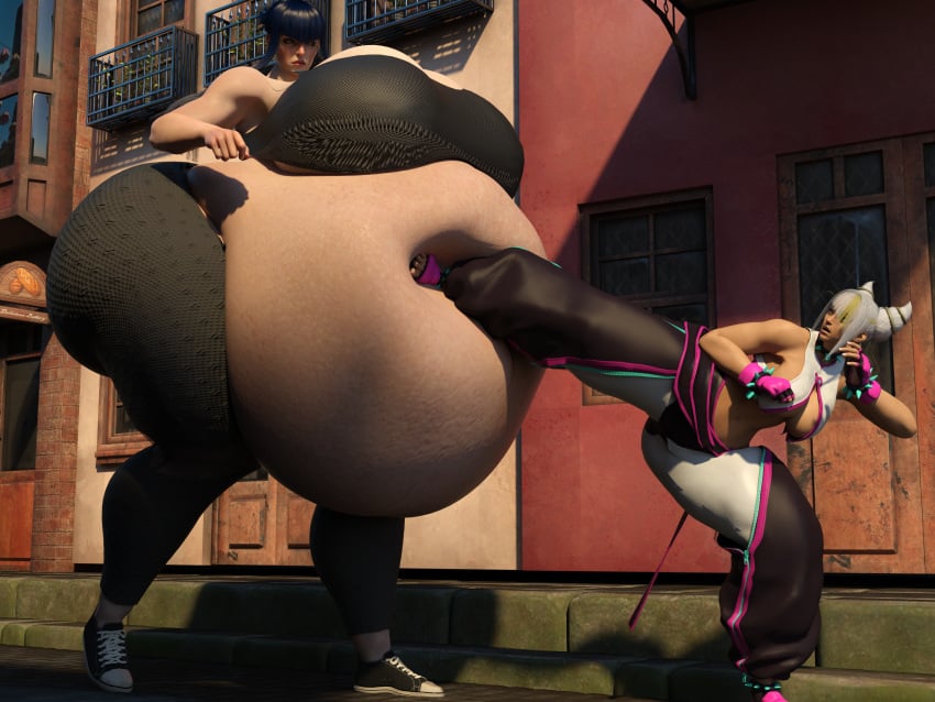 2girls 3d 3d_(artwork) alternate_costume asian asian_female belly belly_bulge big_belly big_belly_bulge dyed_hair fat fat_female french french_female giantess height_difference huge_belly instant_regret juri_han kick kicking larger_female light-skinned_female light_skin manon_legrand mini_giantess moments_before_disaster morbidly_obese_female plump polakpeasant size_difference smaller_female squish squishy street_fighter street_fighter_6 unamused video_game video_game_character