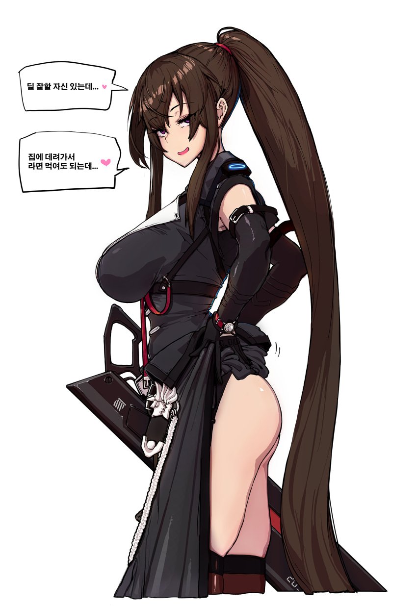 :d ass bad_id bad_pixiv_id black_gloves breasts brown_hair brown_thighhighs clothes_lift commentary_request counter:side dress dress_lift elbow_gloves female female_focus gloves happening18 highres korean_commentary korean_text long_hair looking_at_viewer open_mouth ponytail purple_eyes sheath simple_background smile solo thighhighs translation_request very_long_hair watch white_background wristwatch yoo_mina