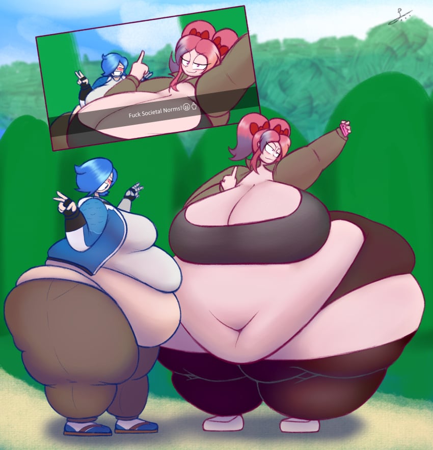 2girls bbw belly belly_button big_belly big_breasts fat female female_only morbidly_obese mr-loading multiple_girls overweight phone saiko_bichitaru_(smg4) selfie smg4 ssbbw standing tari_(smg4)