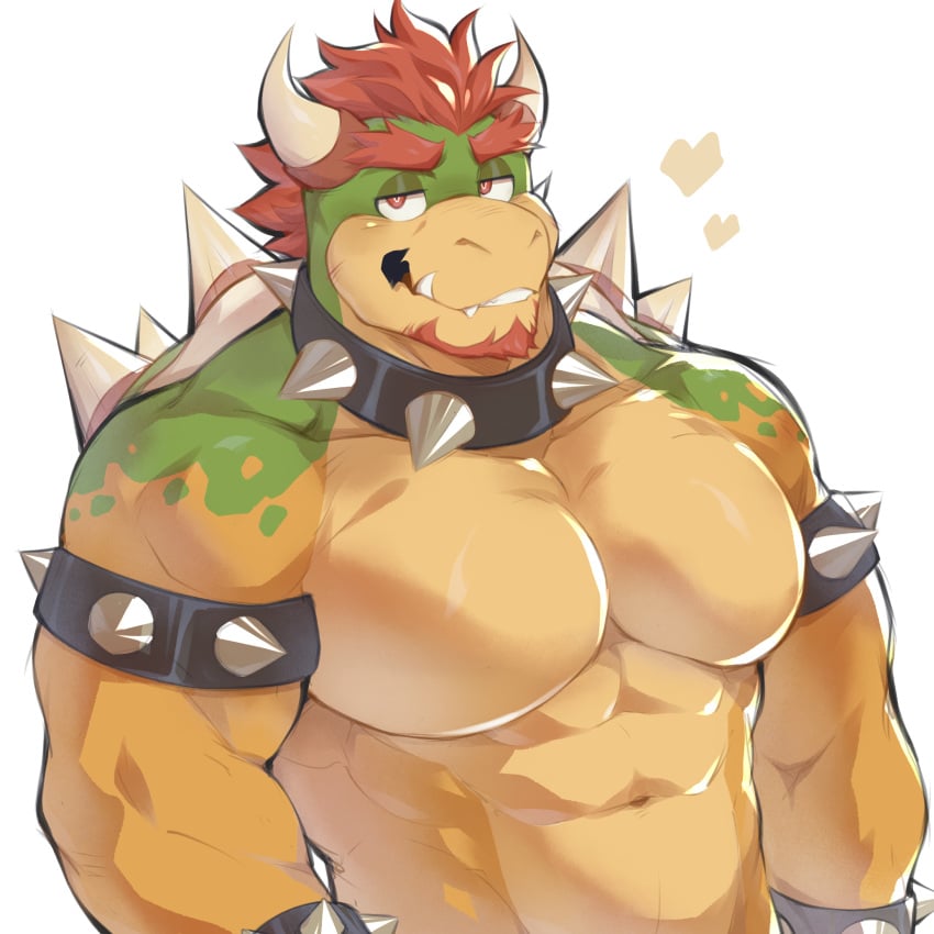 anthro bowser collar flunky hair hi_res horn male male_only mario_(series) muscular muscular_male nintendo orange_body red_eyes red_hair scalie shell simple_background smile solo spiked_collar spiked_shell spikes spikes_(anatomy)