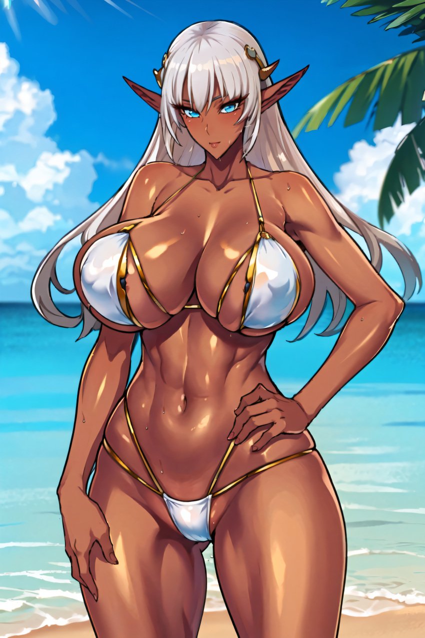 1girls ai_generated dark-skinned_female eleonor_(taimanin_rpgx) elf elf_female female_focus female_only huge_breasts long_hair seductive_look stable_diffusion taimanin_(series) voluptuous voluptuous_female white_hair