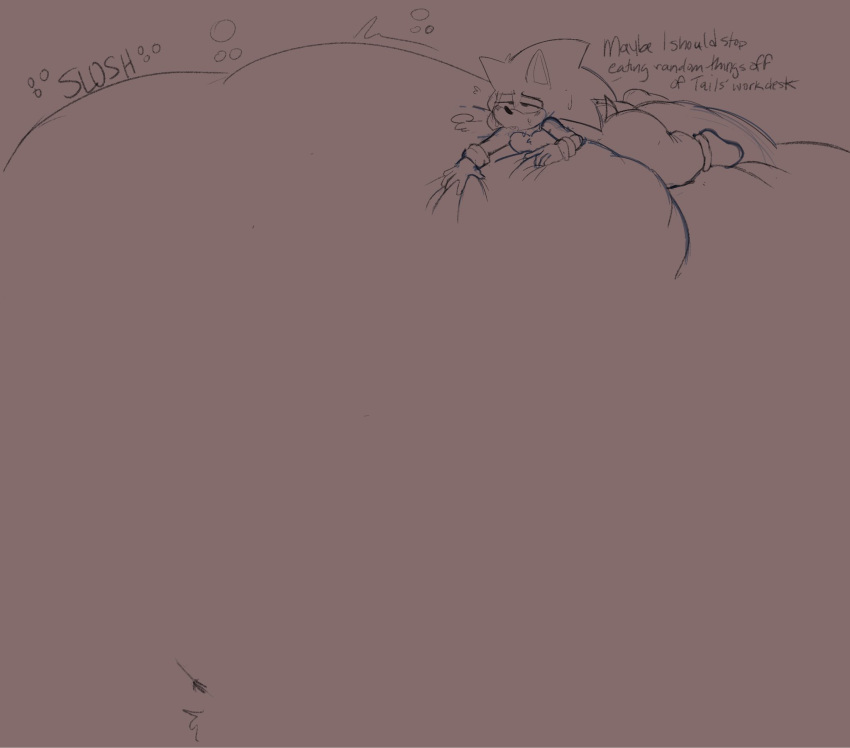 after_vore anthro ass belly big_belly blush bodily_fluids dialogue hi_res honeycoves huge_belly male overweight overweight_male sega solo sonic_(series) sonic_the_hedgehog sonic_the_hedgehog_(series) stomach_bulge sweat vore weight_gain