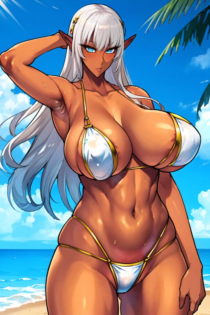 1girls ai_generated curvaceous curvy_body dark-skinned_female eleonor_(taimanin_rpgx) female_focus female_only huge_breasts long_hair seductive_look solo_female stable_diffusion taimanin_(series) voluptuous voluptuous_female white_hair