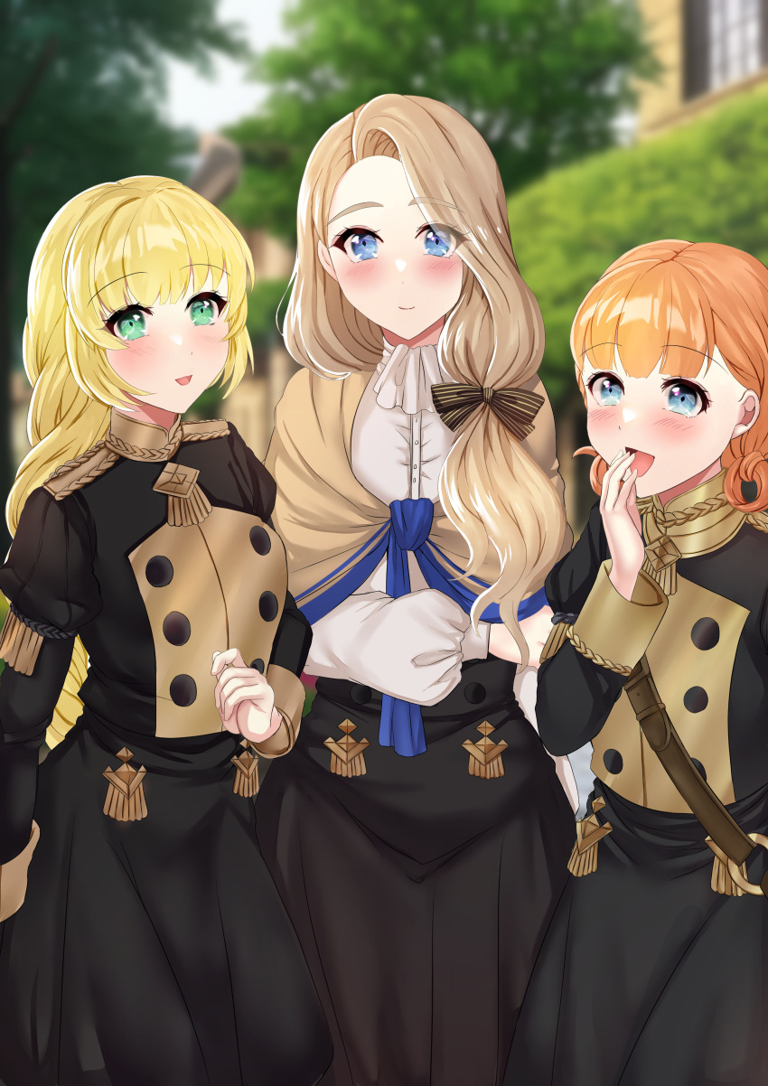 3girls :d absurdres annette_fantine_dominic arm_under_breasts bangs black_bow black_jacket black_skirt blonde_hair blue_eyes blurry blurry_background blush bow braid braided_ponytail breasts brown_capelet capelet commentary_request covering_mouth female female_only fire_emblem fire_emblem:_three_houses garreg_mach_monastery_uniform green_eyes hair_bow hair_over_shoulder hand_up highres human ingrid_brandl_galatea jacket large_breasts light_blue_eyes long_hair looking_at_viewer medium_breasts mercedes_von_martritz multiple_girls nintendo open_mouth orange_hair outdoors shirt short_hair side_ponytail skirt skirt_set small_breasts smile tara_(szzj7733) very_long_hair white_shirt