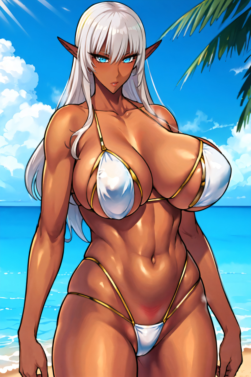 1girls ai_generated dark-skinned_female eleonor_(taimanin_rpgx) elf elf_female female_focus female_only hi_res huge_breasts long_hair stable_diffusion taimanin_(series) voluptuous voluptuous_female white_hair