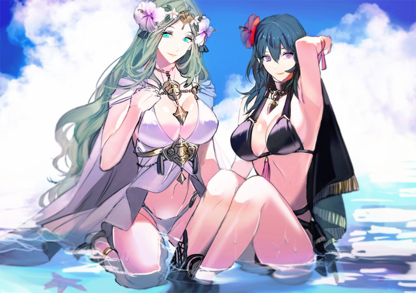 2girls alternate_costume bare_shoulders beach bikini black_bikini black_cape black_swimsuit blue_eyes blue_hair blue_sky blush breasts byleth_(female)_(fire_emblem) byleth_(female)_(summer)_(fire_emblem) byleth_(fire_emblem) byleth_(fire_emblem)_(female) cape cleavage closed_mouth cloud collarbone commentary day female female_only fire_emblem fire_emblem:_three_houses fire_emblem_heroes flower green_eyes green_hair hair_between_eyes hair_flower hair_ornament hand_on_own_chest hand_up kneeling large_breasts long_hair looking_at_viewer midriff multiple_girls navel nintendo ocean official_alternate_costume outdoors revision rhea_(fire_emblem) rhea_(summer)_(fire_emblem) ribbon sandals sidelocks sitting sky smile sparkle swimsuit symbol-only_commentary tiara tsukimura_noe water weapon white_bikini white_swimsuit wrist_ribbon