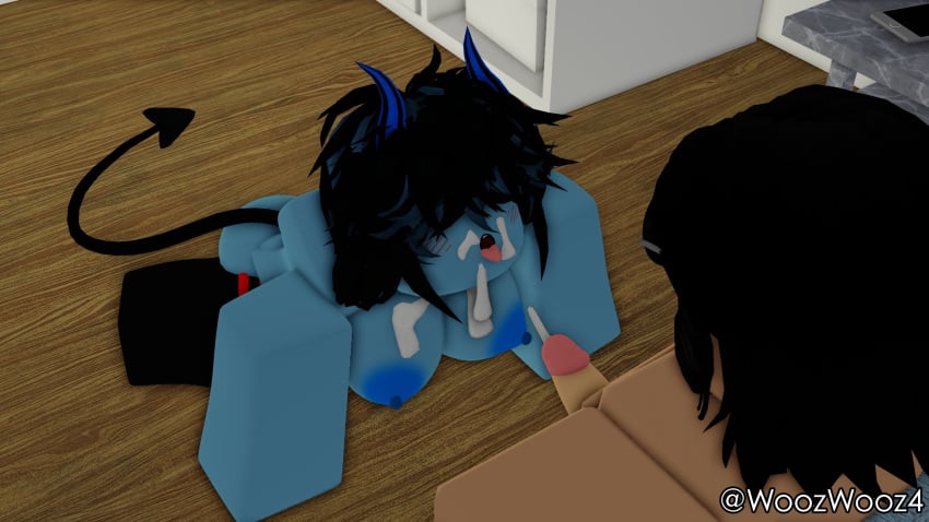 1boy 1girls 3d blue_skin cum demon female male nude roblox robloxian tagme woozwooz4