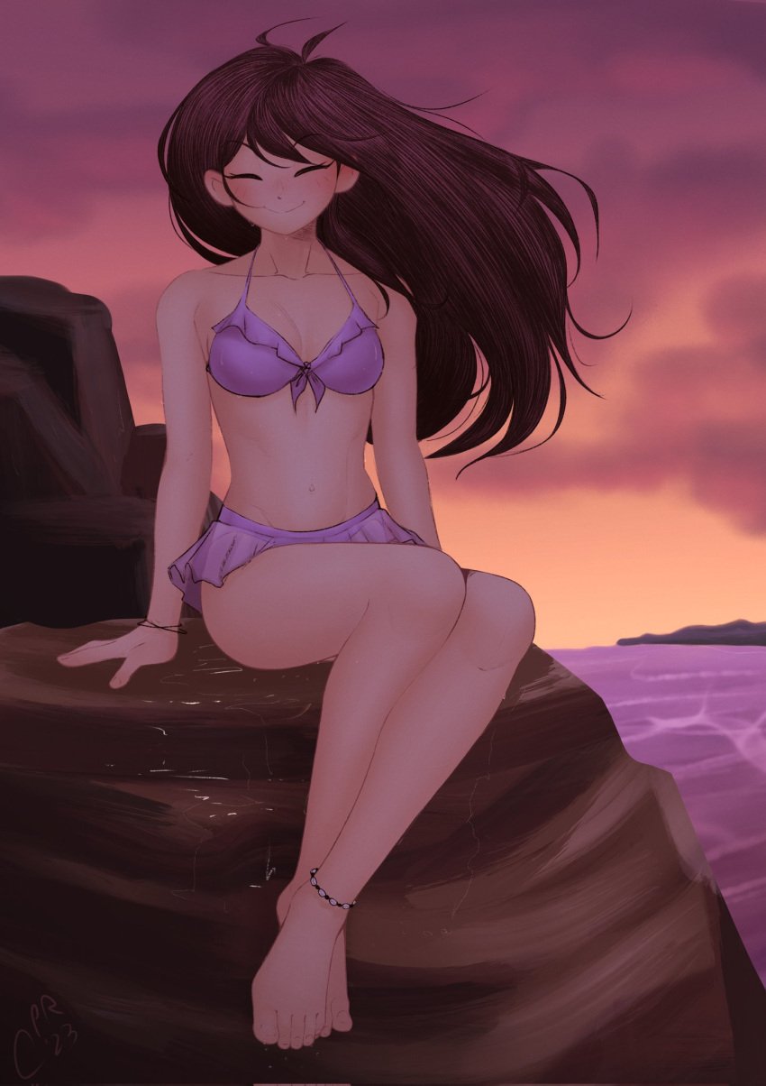 2023 anklet bare_legs barefoot bikini breasts brown_hair cabronpr closed_eyes closed_mouth cloud cloudy_sky collarbone crossed_legs feet female frilled_bikini frills highres jewelry legs long_hair mari_(omori) medium_breasts ocean omori orange_sky outdoors purple_bikini sitting sky smile solo swept_bangs swimsuit toenails toes