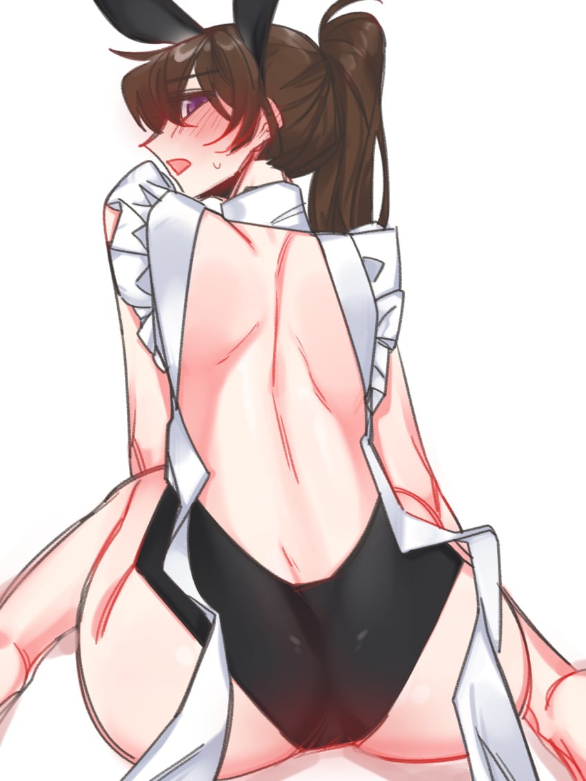 apron back backless_outfit big_ass blush brown_hair bunny_ears counter:side exposed_back fake_animal_ears frilled_apron looking_at_viewer looking_back ponytail purple_eyes swimsuit thick_thighs yoo_mina