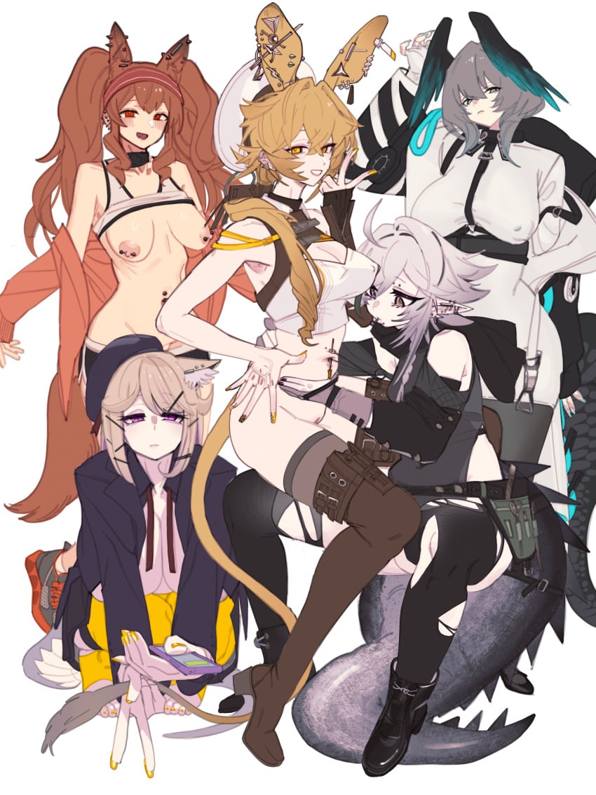 5girls angelina_(arknights) animal_genitalia animal_tail areolae arknights barbell_piercing bare_shoulders barefoot big_breasts blonde_hair blush breasts breasts_out brown_hair cleavage clothes dorothy_(arknights) ear_piercing emotionless excited exposed_breasts exposed_pussy eyelashes female female_only grey_eyes grey_hair hairband hairless_pussy half-closed_eyes highres hitobashira_(1746164306) hitobashira_(人柱) ho'olheyak_(arknights) legs long_hair looking_at_viewer magenta_eyes multiple_girls multiple_piercings nail_polish nails navel_piercing nipple_bulge nipple_piercing nipples no_panties panties peace_sign pierced_belly_button pierced_ears pierced_nipples pierced_tongue piercing piercings pointy_ears purple_eyes pussy red_eyes sagging_breasts shaved_pussy shoes short_hair shorts_down sitting sitting_on_lap smartphone smile spread_legs stirrup_legwear stockings tail thick_tail thigh_high_boots thighs tiptoes tomimi_(arknights) tongue_piercing topwear topwear_lift torn_legwear twintails uniform utage_(arknights) utage_(disguise)_(arknights) v v_sign vagina victim_alice white_background white_hair yellow_eyes yellow_hair