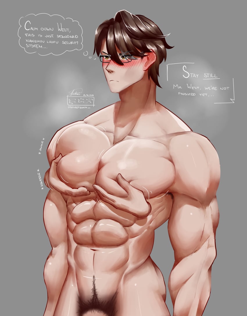 1boy brown_hair glasses honkai:_star_rail male male_focus muscular muscular_male pec_squeeze pubic_hair solo_male tagme welt_yang_(honkai:_star_rail)