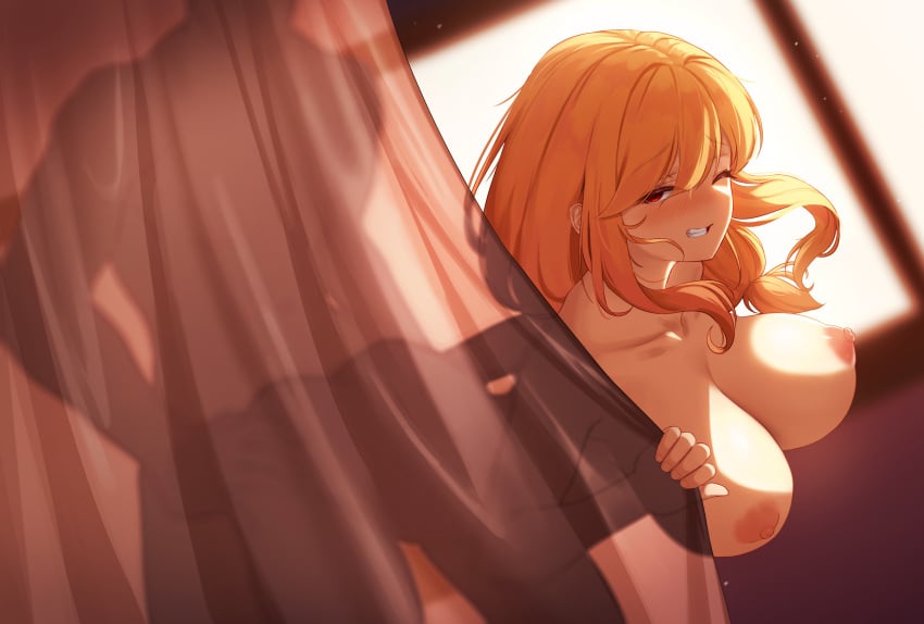 1boy 1girls bent_over blonde_hair blush bouncing_breasts breasts curtains daydream_(zhdkffk21) doggy_style large_breasts nipples one_eye_closed original original_character sex silhouette silhouette_sex voyeur_pov winking_at_another winking_at_viewer