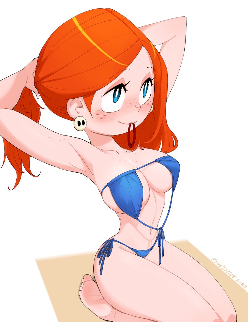 1girls big_breasts bikini blue_eyes death_buy_lemonade freckles katie_(death_buy_lemonade) kyu_bum_lee red_hair sitting swimsuit tying_hair