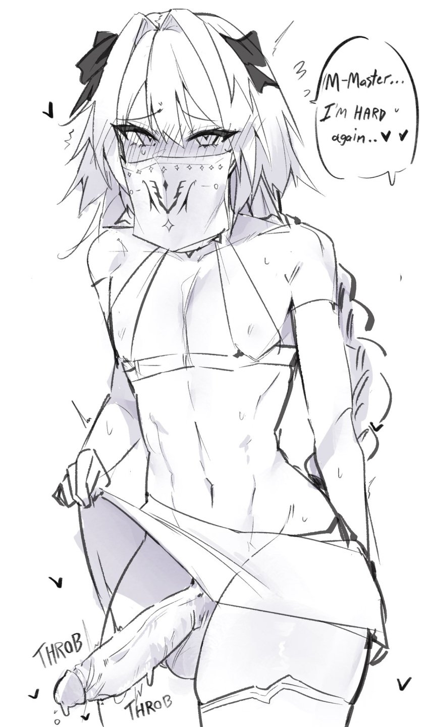 1boy armwear artist_request astolfo_(fate) big_penis blush blushing braid braided_hair covered_mouth crossdressing dick english_text erect_penis erection face_mask fate/apocrypha fate/grand_order fate_(series) femboy feminine_male fit fit_male hard_on huge_cock hung hung_bottom hung_trap large_penis long_braid male male_only mask mouth_covered mouth_mask nabibutter penis text thick thick_thighs thigh_highs thighhighs thighs thin_waist trap twink veiny_penis