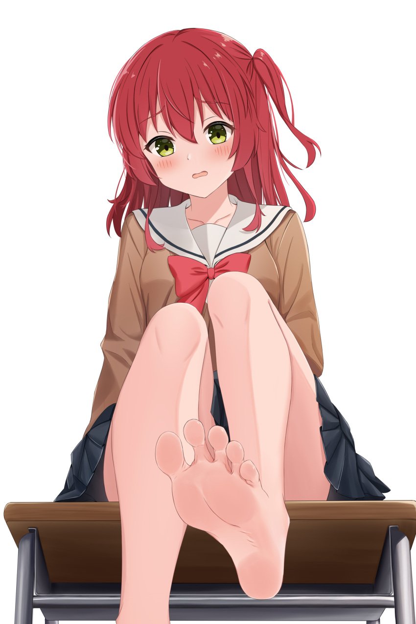 1girls bare_legs barefoot blush blush bocchi_the_rock! desk feet female foot_fetish foot_focus foot_out_of_frame green_eyes hair_between_eyes kita_ikuyo looking_at_viewer open_mouth pinkiuzu pleated_skirt red_hair simple_background sitting skirt solo table toes white_background