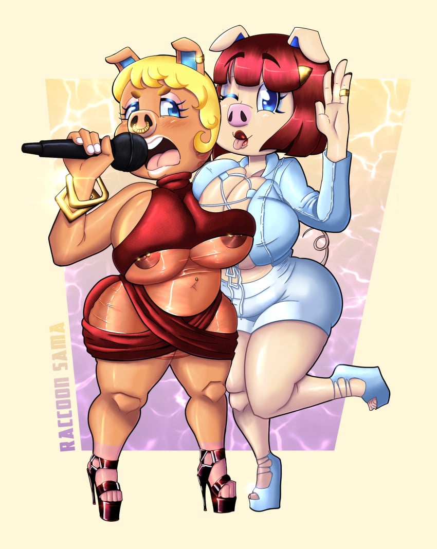 2girls angry animal_crossing animal_crossing_new_horizons anthro areolae bangs bangs_over_eyes big_ass big_breasts big_butt blonde_hair blue_eyes blue_makeup blushing breasts chubby chubby_female cleavage crop_top female female_focus female_only furry furry_only gold_jewelry hair_ornament heels high_heels huge_breasts hugging inner_sideboob kiss_mark makeup microphone navel navel_piercing nintendo nipple_piercing nipples no_bra no_panties nose_piercing on_one_leg orange_body pale pancetti_(animal_crossing) peggy_(animal_crossing) piercing piercings pig pig_ears pig_girl pig_nose pig_tail platform_heels raccoon_sama red_hair red_lips red_lipstick ring septum_piercing short_hair short_skirt shortstack sideboob simple_background slightly_chubby slightly_chubby_female slutty_clothing tail taller_female taller_girl thick_ass thick_thighs tongue tongue_out underboob video_game_character wedge_heels white_lips white_lipstick winking winking_at_viewer yelling