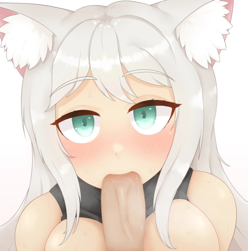 1boy 1girls anti_(phantom_forces) blowjob breasts_out cat_ears catgirl female green_eyes kayyski looking_at_viewer male penis phantom_forces roblox roblox_game robloxian tagme vest white_background white_hair