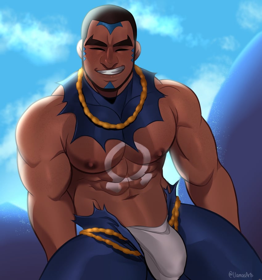 1boy 2022 abs bara barazoku biceps big_bulge bulge clothing dark-skinned_male gay hi_res highres huge_bulge llamasart male male_focus male_nipples male_only manly matt_(pokemon) muscles muscular muscular_arms muscular_male nintendo nipples pokemon pokemon_(game) pokemon_rse solo solo_male team_aqua underwear