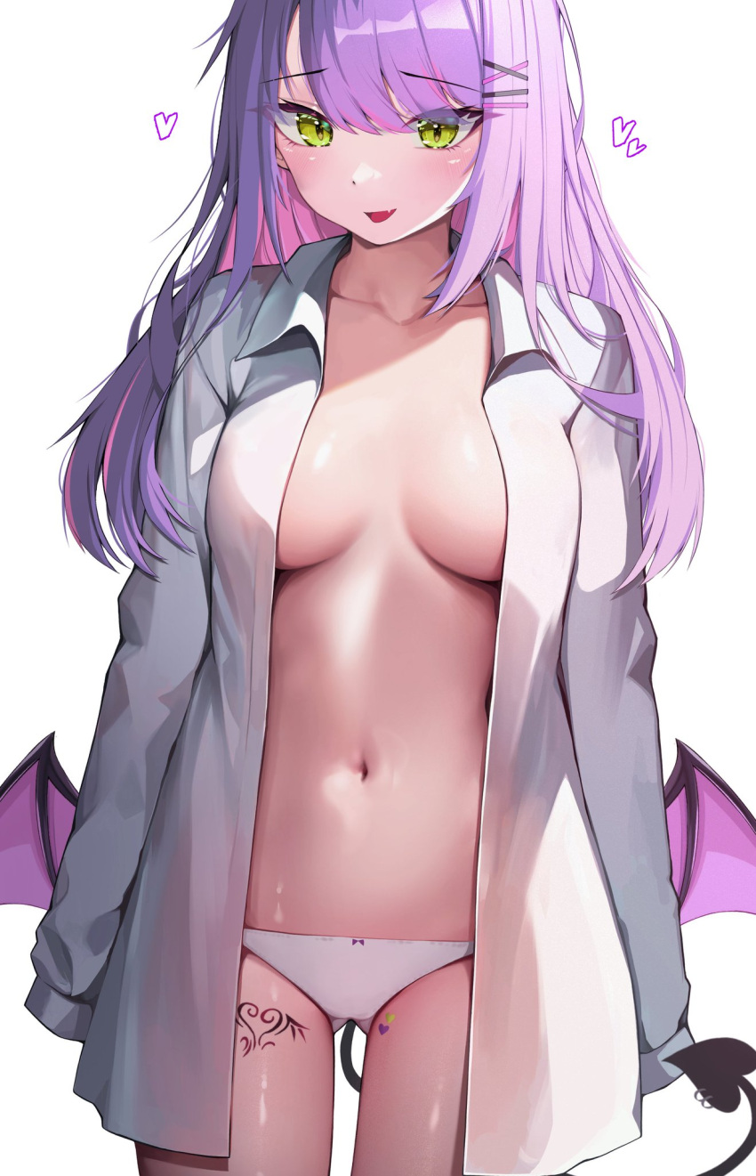 collared_shirt covered_nipples cowboy_shot cute_fang heart holoforce hololive hololive_japan kkato large_breasts naked_shirt naughty_face panties smile tattoo tattoo_on_legs tokoyami_towa virtual_youtuber