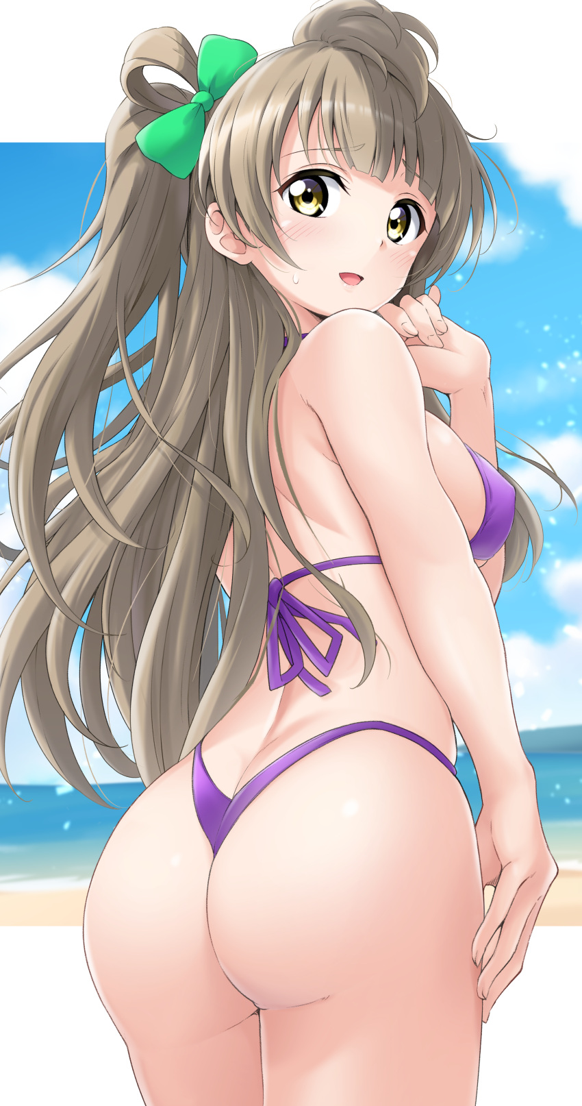 1girls cowboy_shot embarrassed female huge_ass love_live! medium_breasts minami_kotori nervous_smile rear_view solo solo_focus sweatdrop swimsuit thick_ass