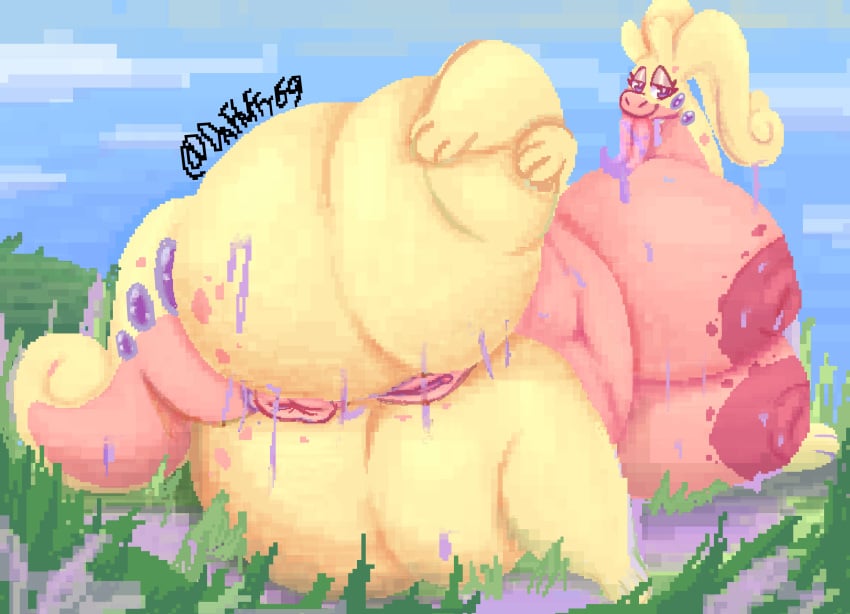 against_surface antennae_(anatomy) anthro anus ass bedroom_eyes belly big_belly big_breasts big_butt bodily_fluids breasts clitoris detailed_background digital_media_(artwork) dragon female field freckles_on_butt generation_6_pokemon genitals goodra grass half-closed_eyes hi_res huge_breasts huge_butt long_tongue looking_at_viewer lying male narrowed_eyes nintendo nipples nude numelgon on_back on_glass outside overweight overweight_male pink_body pixel_(artwork) plant pokemon pokemon_(species) puffy_anus purple_eyes pussy seductive shiny_pokemon slime smile solo spread_legs spreading tail thefluffyrey69 thick_thighs tongue tongue_out yellow_body