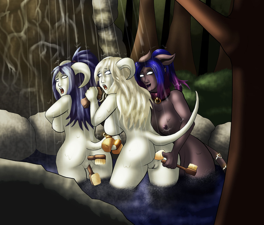 3girls anal_insertion blizzard_entertainment collar draenei female female_only kichi_(warcraft) multiple_girls original_character purple_hair purple_skin saittamicus vaginal_insertion warcraft world_of_warcraft