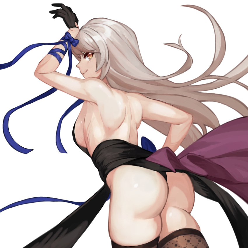 ass backless_outfit bad_id bad_pixiv_id bare_shoulders black_gloves black_panties breasts counter:side female from_behind gloves hand_on_own_hip highres hilde_(counter:side) long_hair official_alternate_costume omgwtfyawp panties sideboob solo thighhighs thong underwear white_background yellow_eyes