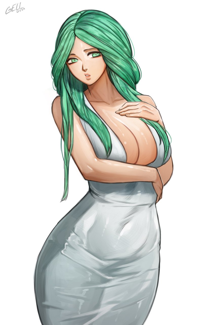 1girls absurdres bare_arms bare_shoulders breasts cleavage commentary covered_navel cowboy_shot dress female female female_only fire_emblem fire_emblem:_three_houses gelldraws green_eyes green_hair highres large_breasts long_hair looking_at_viewer nintendo parted_lips rhea_(fire_emblem) simple_background sleeveless sleeveless_dress solo standing white_background white_dress