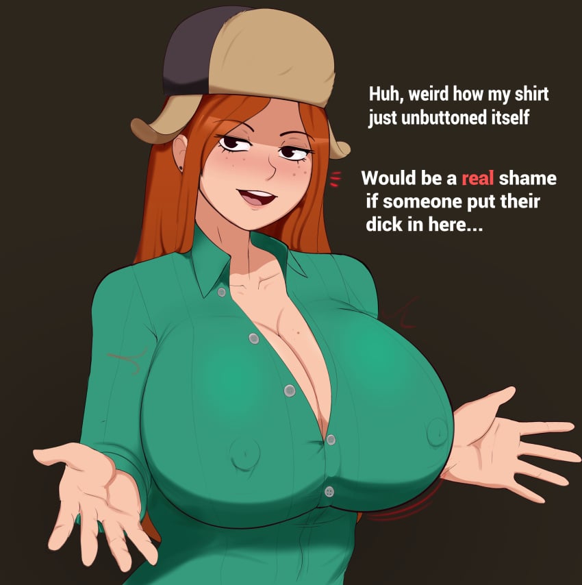 1girls alternate_breast_size big_breasts breasts busty cleavage cock_hungry dialogue disney disney_channel english_text female female_only freckled_skin freckles freckles_on_breasts freckles_on_face g3mma gravity_falls hat hi_res huge_breasts large_breasts light-skinned_female light_skin long_hair naughty_face red_hair redhead showing_off_breasts simple_background smile solo straight_hair teasing text unbuttoned_shirt wendy_corduroy