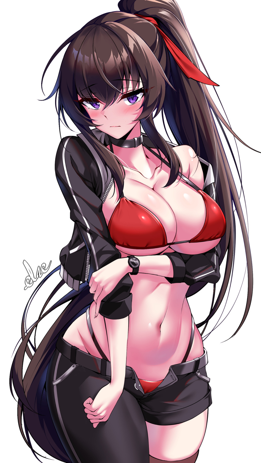 alternate_costume asymmetrical_clothes bare_shoulders bikini black_choker black_jacket black_pants breasts brown_hair choker cleavage closed_mouth collarbone counter:side cowboy_shot cropped_jacket elze_(s01047480836) female hair_ribbon halterneck highleg highleg_bikini highres jacket large_breasts long_hair long_sleeves looking_at_viewer navel off_shoulder open_clothes open_fly open_jacket pants ponytail purple_eyes red_bikini ribbon simple_background single_pantsleg skindentation solo stomach strap_gap string_bikini swimsuit thighs very_long_hair watch white_background wristwatch yoo_mina