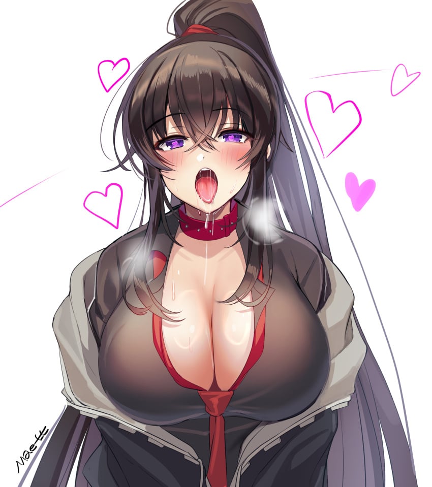 :o absurdres black_hair black_jacket black_shirt breasts choker cleavage counter:side female heart heart-shaped_pupils highres jacket large_breasts long_hair looking_at_viewer maett necktie off_shoulder open_clothes open_jacket open_mouth ponytail purple_eyes red_choker saliva shirt solo symbol-shaped_pupils tongue tongue_out upper_body very_long_hair yoo_mina