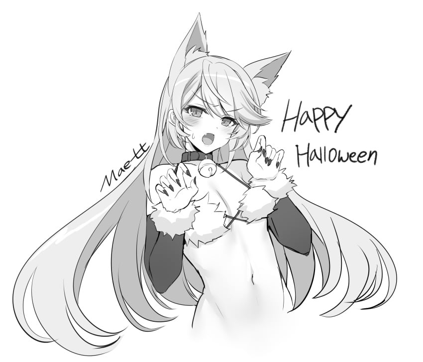 absurdres animal_ears bare_shoulders bell bra breasts choker claw_pose counter:side detached_sleeves female fingernails frown fur_bra fur_trim greyscale halterneck happy_halloween highres hilde_(counter:side) jingle_bell kemonomimi_mode long_hair long_sleeves looking_at_viewer maett monochrome navel oerba_yun_fang open_mouth sharp_fingernails small_breasts solo stomach string_bra sweatdrop swept_bangs underwear v-shaped_eyebrows very_long_hair wolf_ears