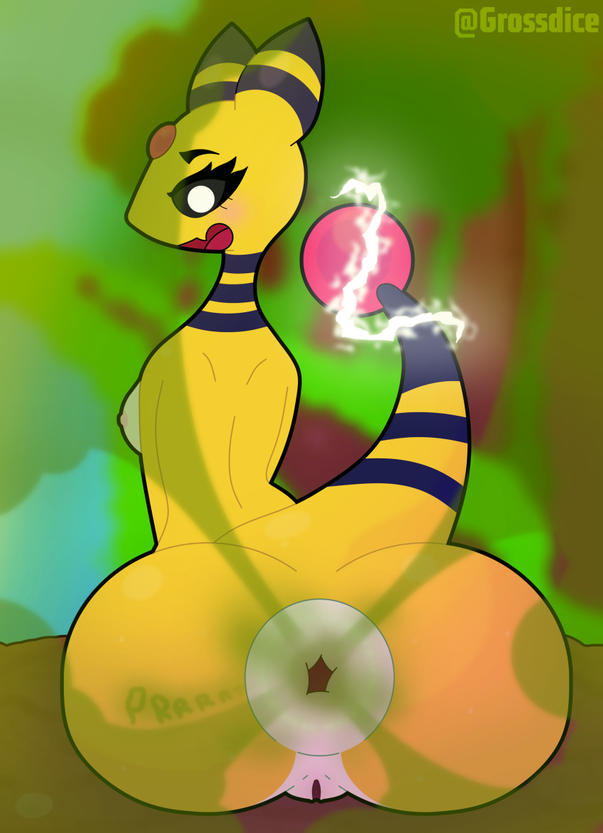 absurd_res ampharos anthro anus ass big_anus big_butt black_sclera blurred_background blush bodily_fluids electricity fart fart_cloud fart_fetish female first_person_view forest generation_2_pokemon genitals grossdice hi_res nintendo nipples onomatopoeia plant pokemon pokemon_(species) presenting presenting_hindquarters puffy_anus pussy sitting solo sound_effects sweat sweatdrop tail text tree yellow_body