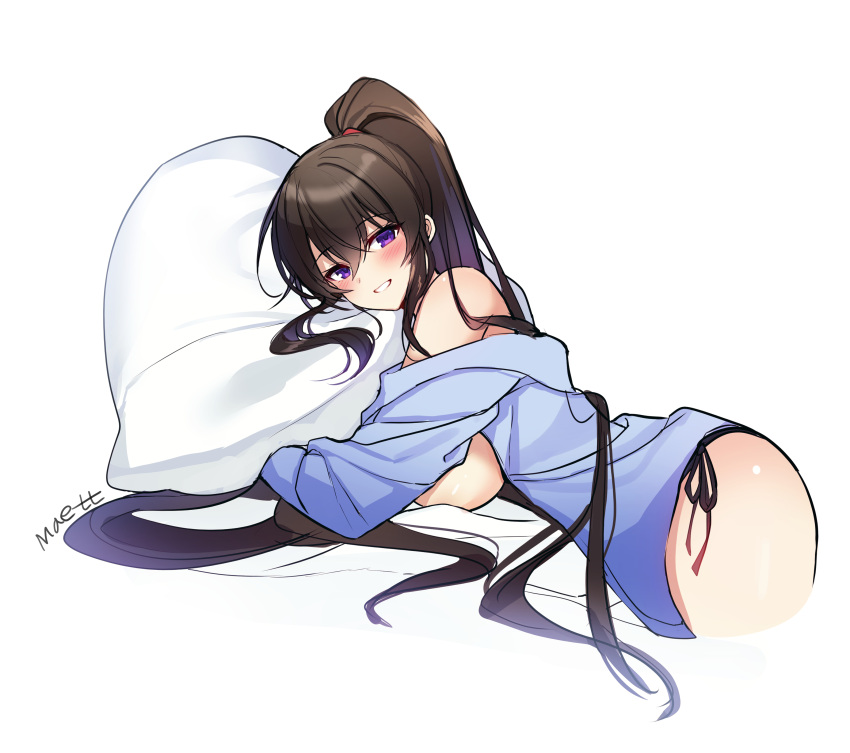 absurdres bare_shoulders black_hair black_panties blue_jacket breasts counter:side female from_side grin highres jacket large_breasts long_hair looking_at_viewer looking_to_the_side maett object_hug off_shoulder panties pillow pillow_hug ponytail purple_eyes side-tie_panties sidelocks smile solo underwear very_long_hair yoo_mina