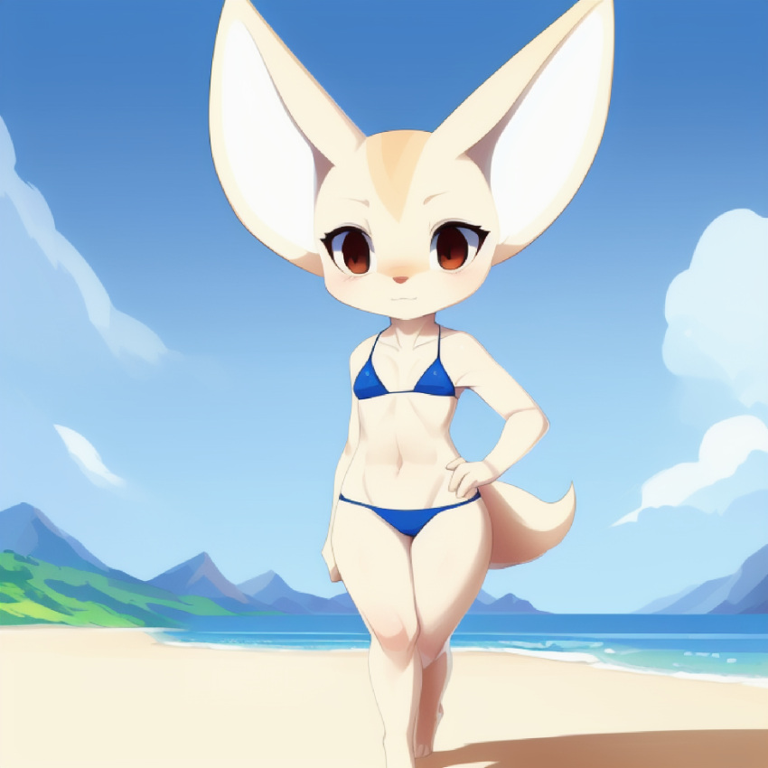 aggressive_retsuko aggretsuko ai_generated anthro beach bikini blue_bikini blue_sky damnblackfox female fennec fenneko looking_at_viewer mountains sanrio solo stable_diffusion standing