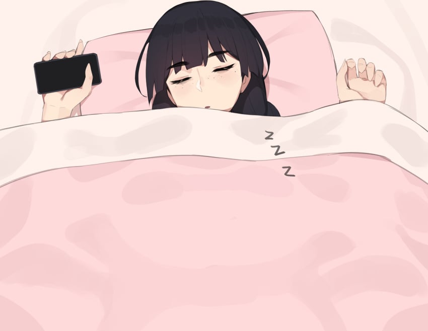 1girls alternate_version_available amimir bed bedroom black_hair blanket closed_eyes cute fumika_akiyama light-skinned_female pepper0 pillow pink_bed safe sfw sfw_version sleeping sleepy zzz