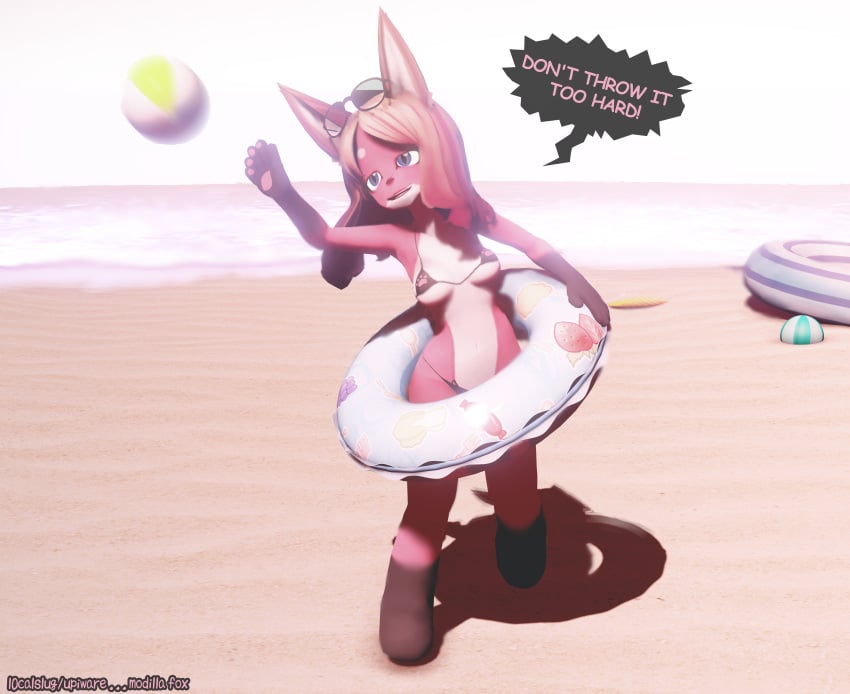 3d absurd_res absurdres anthro ball beach_ball bikini comic_panel english_text female fox furry furry_ears furry_female modilla_fox ocean original original_character paws pool_float pool_toy speech_bubble swimming_ring throwing_object upiware