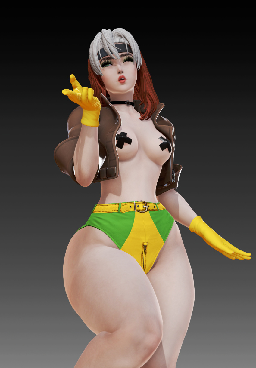 3d 3d_(artwork) anna_marie big_ass booty_shorts choker cute fat_ass floating flying gloves green_eyes green_eyeshadow headband honey_select ihateasuka jacket kiss leather_jacket lipstick long_eyelashes marvel marvel_comics pasties pubic_hair_peek red_hair rogue_(x-men) simple_background slim_thick studio_neo thick_eyebrows thick_thighs two_tone_hair wink x-men