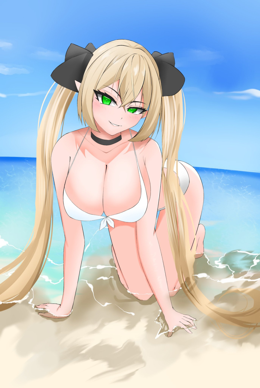 1girls aranis_elvene beach bikini blonde_hair blue_sky breasts cleavage confident elf female female_only green_eyes huge_breasts itsumi_yuya_(mr.jk) light-skinned_female light_skin looking_at_viewer outside pixela_isekai pixela_project sand sky solo swimsuit twintails virtual_youtuber water