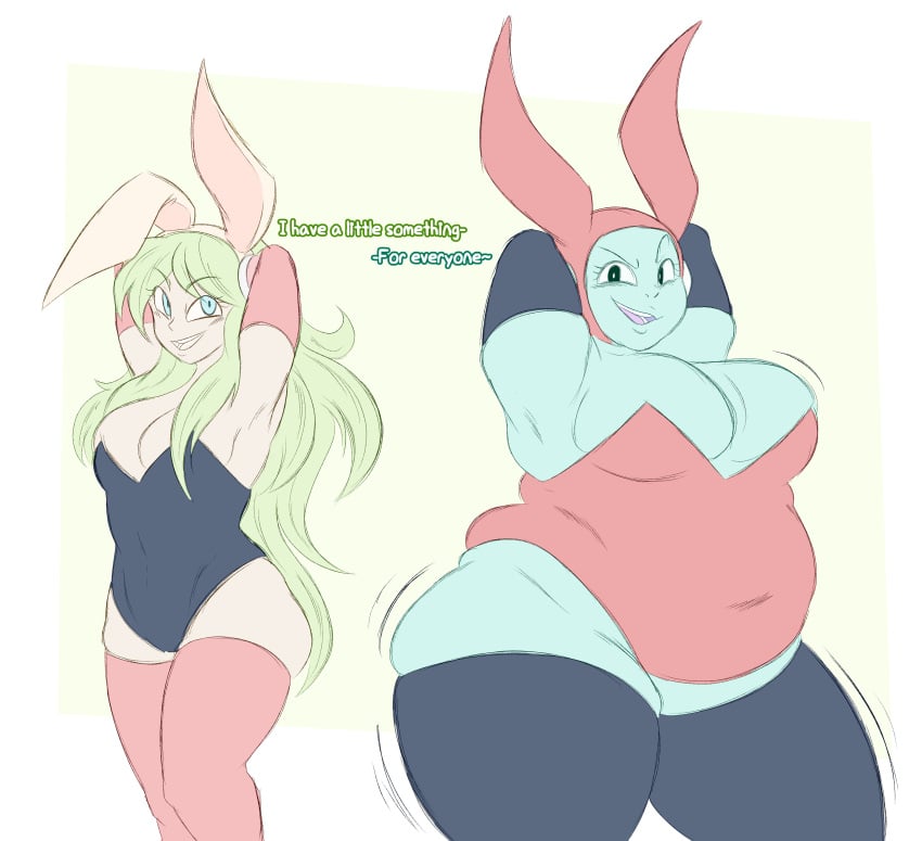 2girls bbw big_breasts breasts brianne_de_chateau bunny_ears bunnysuit chubby dragon_ball dragon_ball_super female female_only multiple_girls obese obese_female overweight ribrianne sunsleptos thick thick_thighs thighhighs thighs