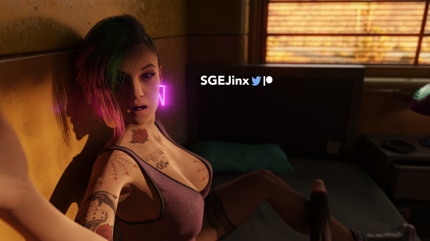 3d 3d_(artwork) blender blender_(software) blender_cycles breasts clothed cyberpunk_2077 dildo dyed_hair earrings glowing_earrings hand_on_another's_head judy_alvarez lips looking_at_viewer makeup motel patreon patreon_logo patreon_username reassuring sgejinx_(artist) shadow tattoo tattoos tongue twitter twitter_logo twitter_username