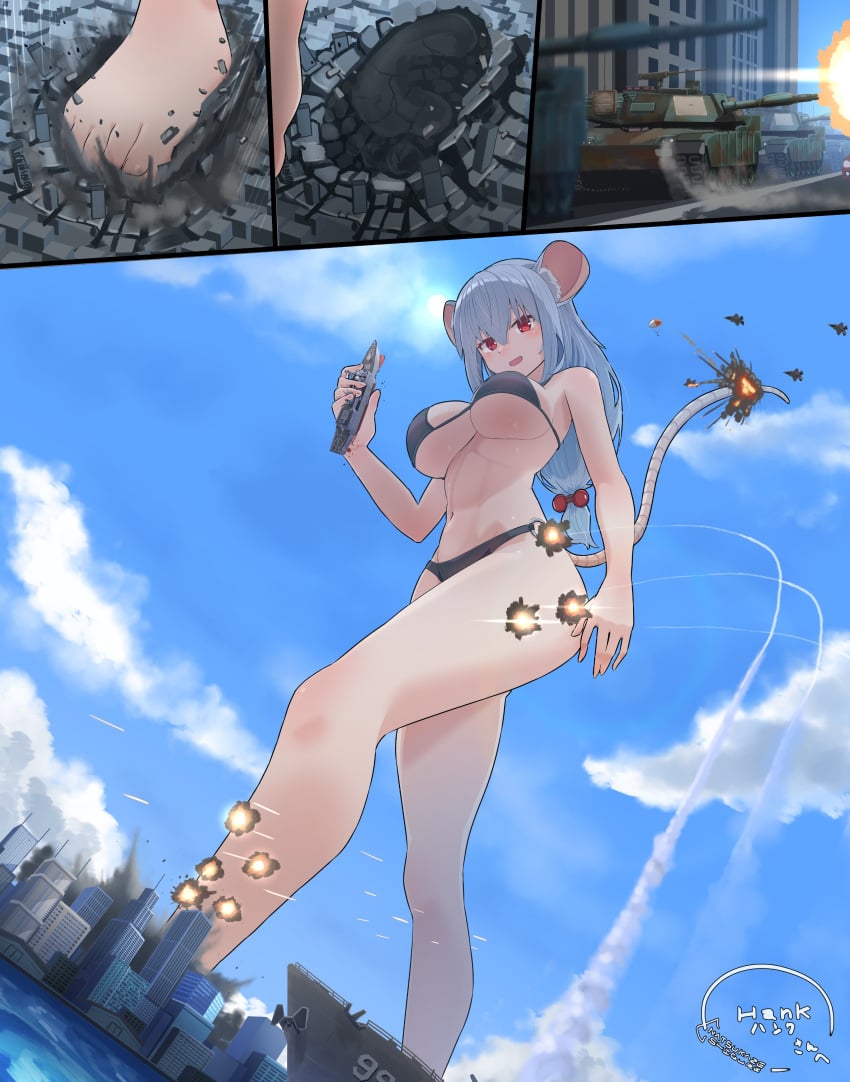 1girls bikini black_bikini city city_destruction cruel crush destruction female female_focus female_only giantess giga_giantess gray_hair grey_hair jet light-skinned_female light_skin looking_down military mouse_ears mouse_girl mouse_tail natsukaze_shigure sigure_dd142 tank uncaring